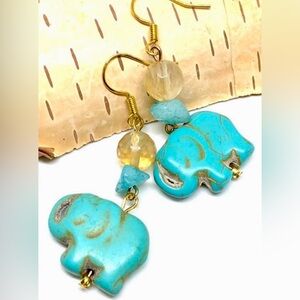 Turquoise Blue Howlite Elephant Golden Rutile Stone Quartz Chips Dangle Earrings